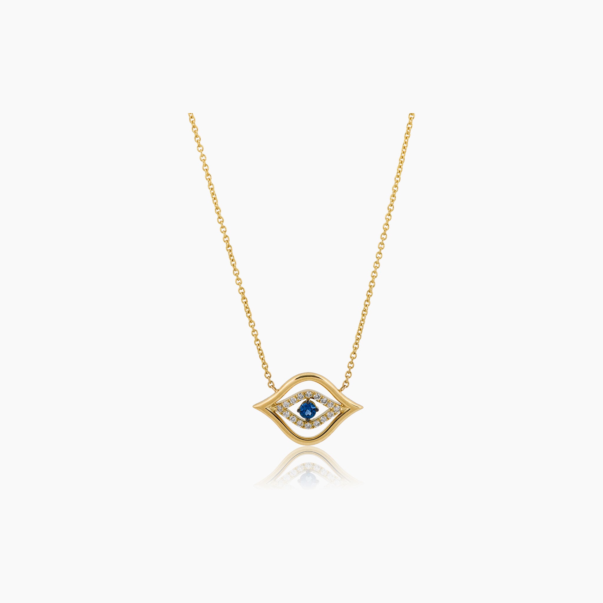 A captivating pendant featuring the protective Evil Eye design adorned with sparkling diamonds and a round brilliant sapphire, showcased against an off-white background.