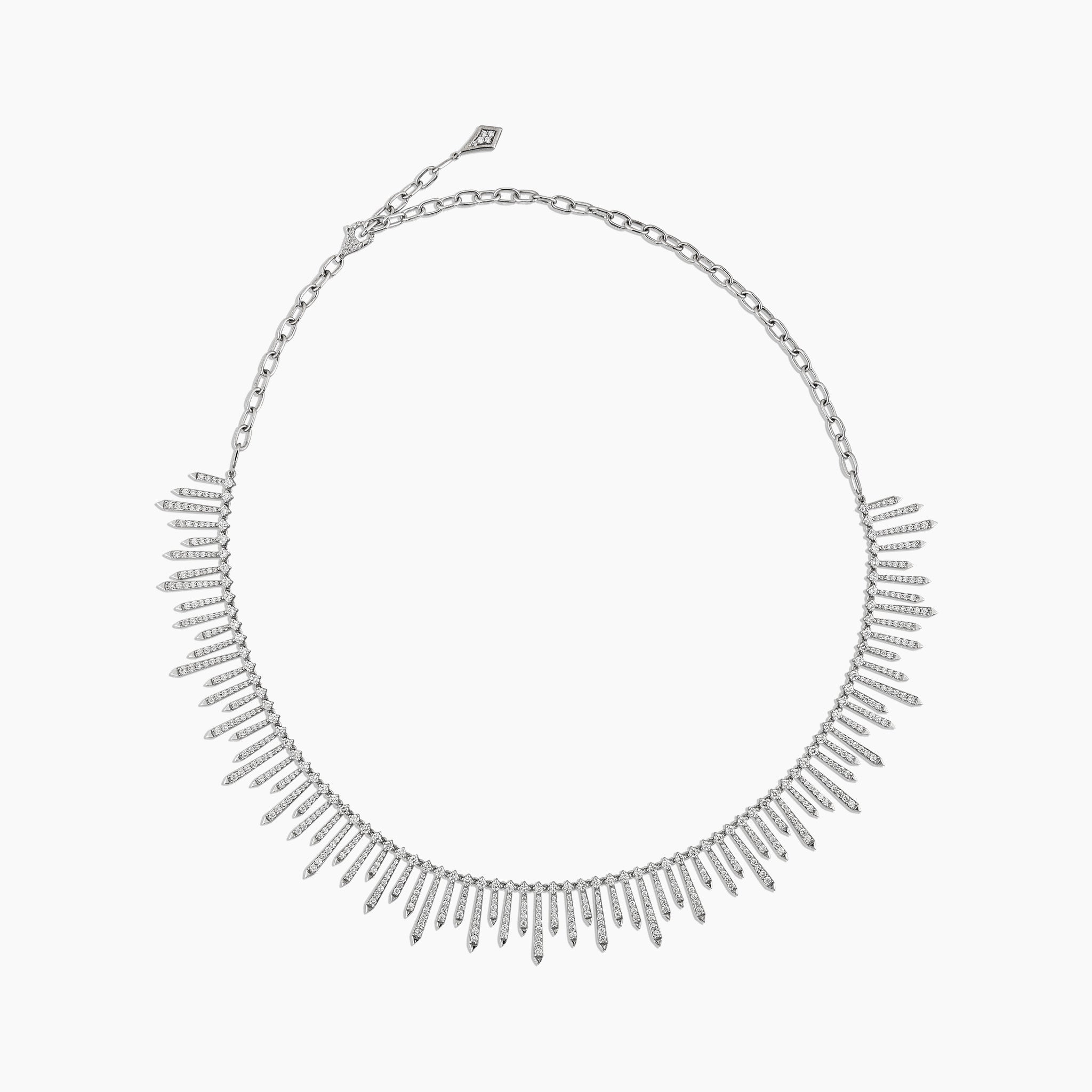 Polaris Necklace: A dazzling arrangement of diamonds set in white gold, showcased against an off white background.