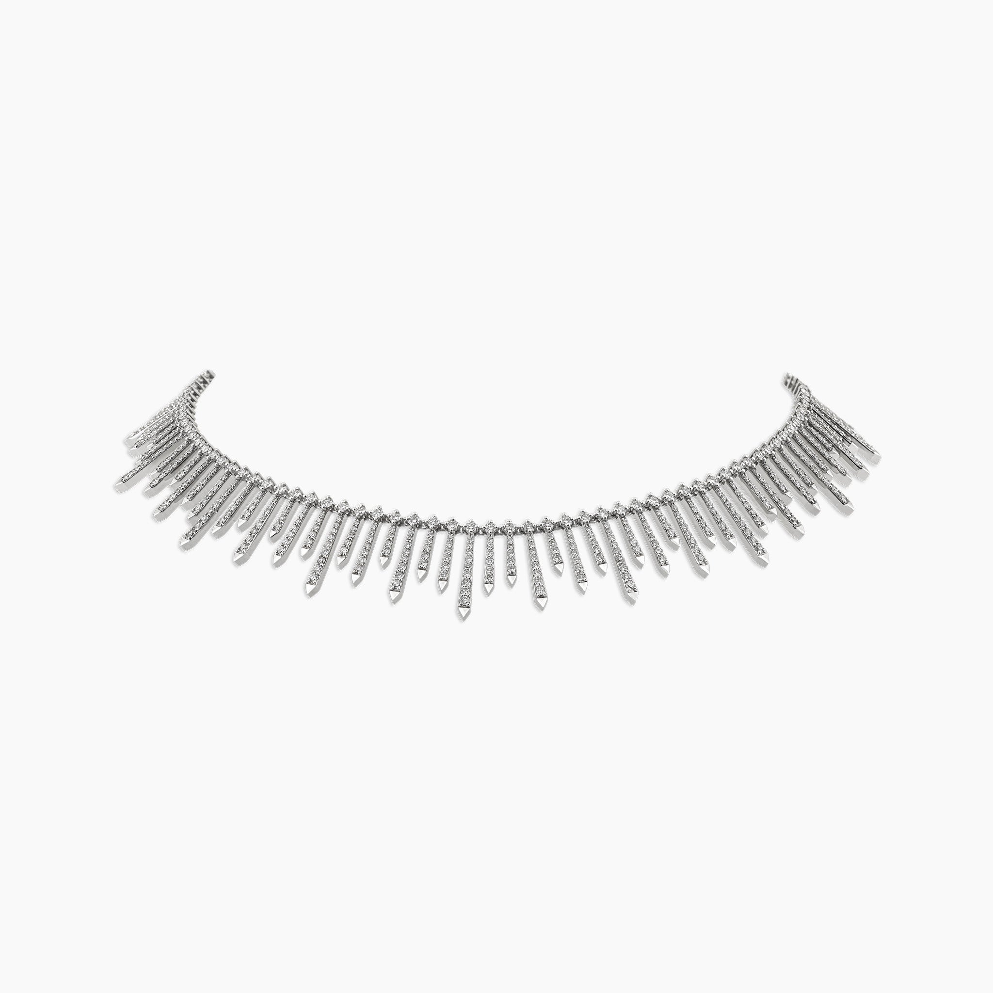 Polaris Necklace: A dazzling arrangement of diamonds set in white gold, showcased against an off white background.