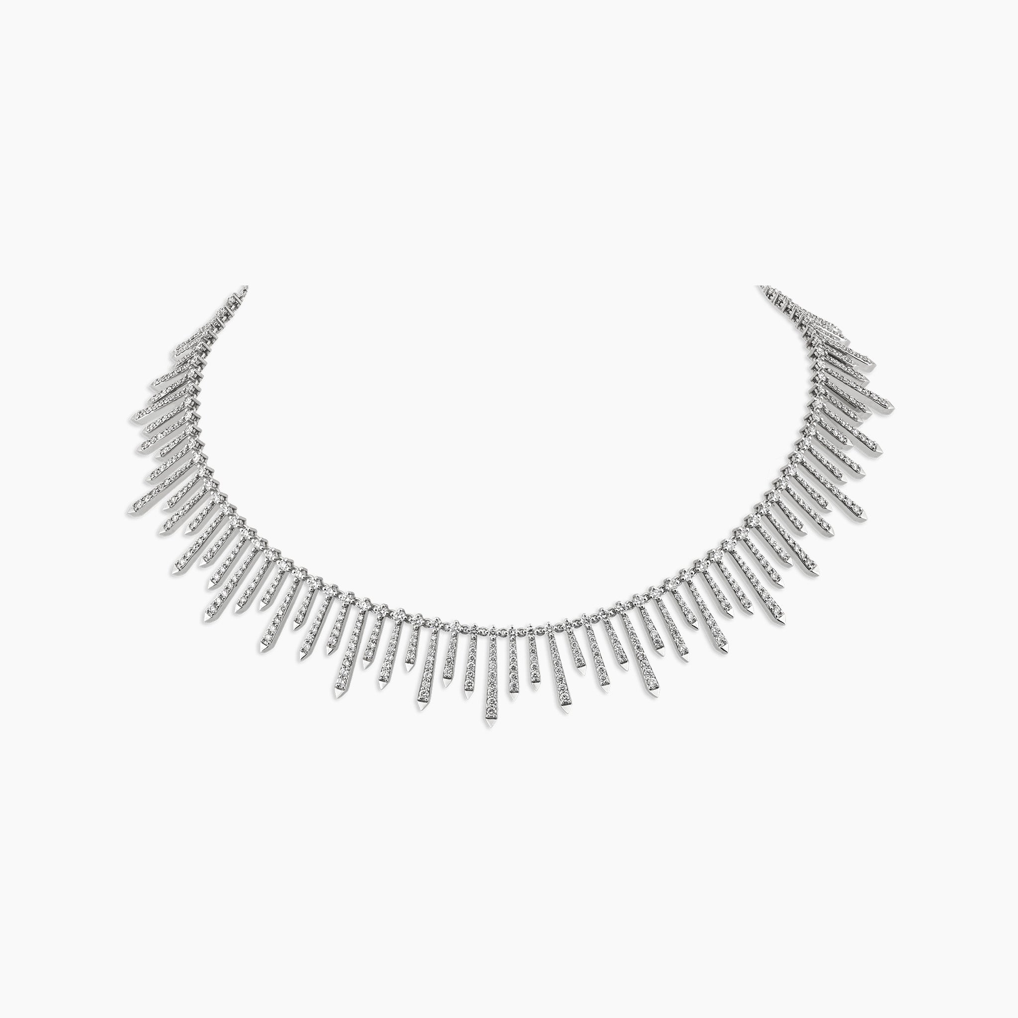 Polaris Necklace: A dazzling arrangement of diamonds set in white gold, showcased against an off white background.