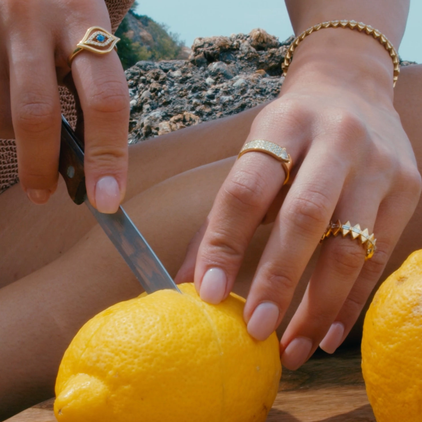 solidarity ring displayed on model with stellar standstill and evil eye ring