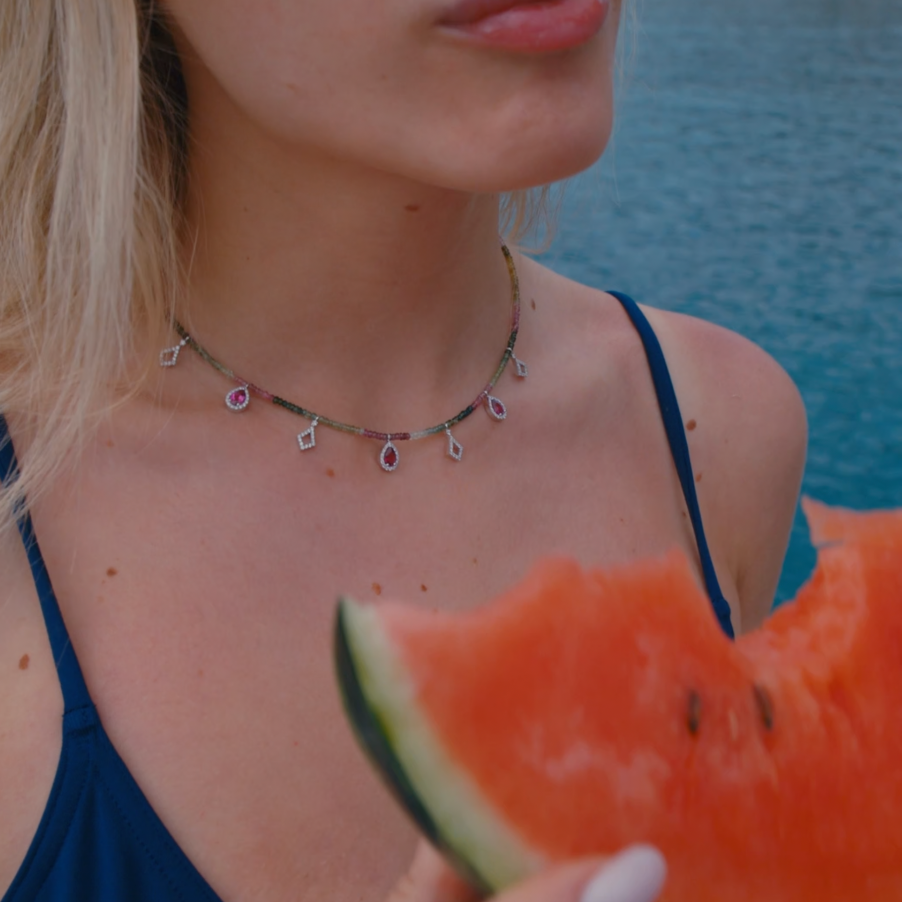 Watermelon Party Tourmaline & Diamond Beaded Necklace