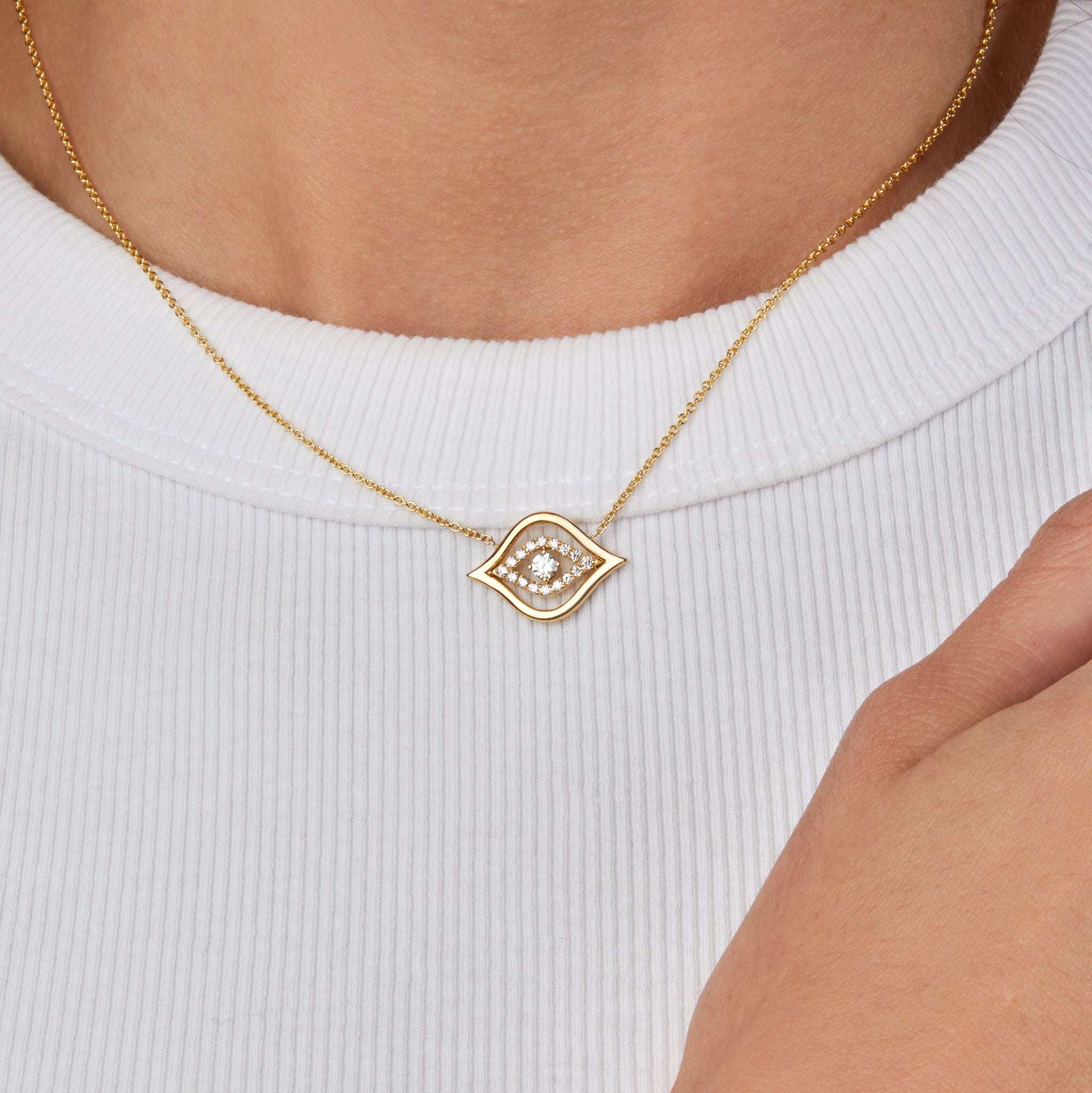 Evil Eye Diamond Necklace displayed on model
