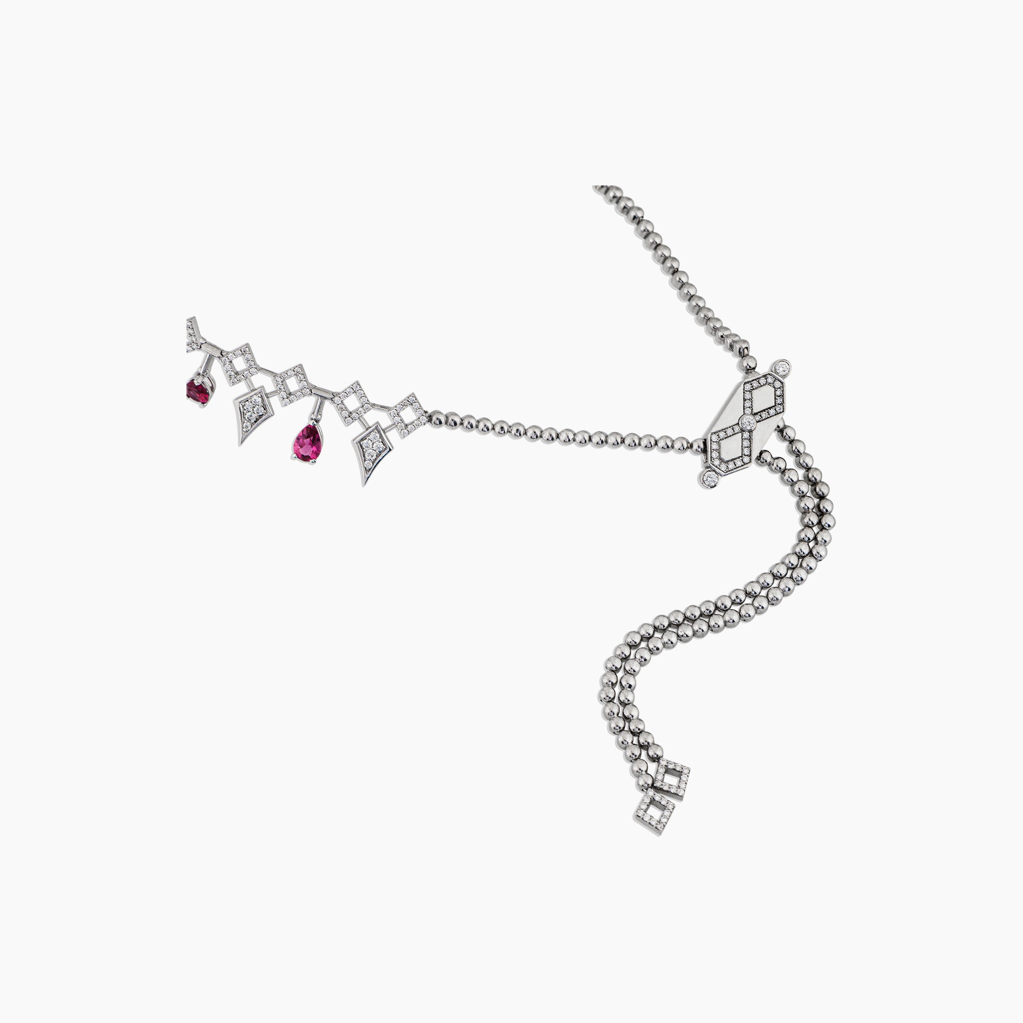 Inferno Choker: A captivating choker adorned with rubellite gemstones and diamonds set in white gold, presented against an off-white background.