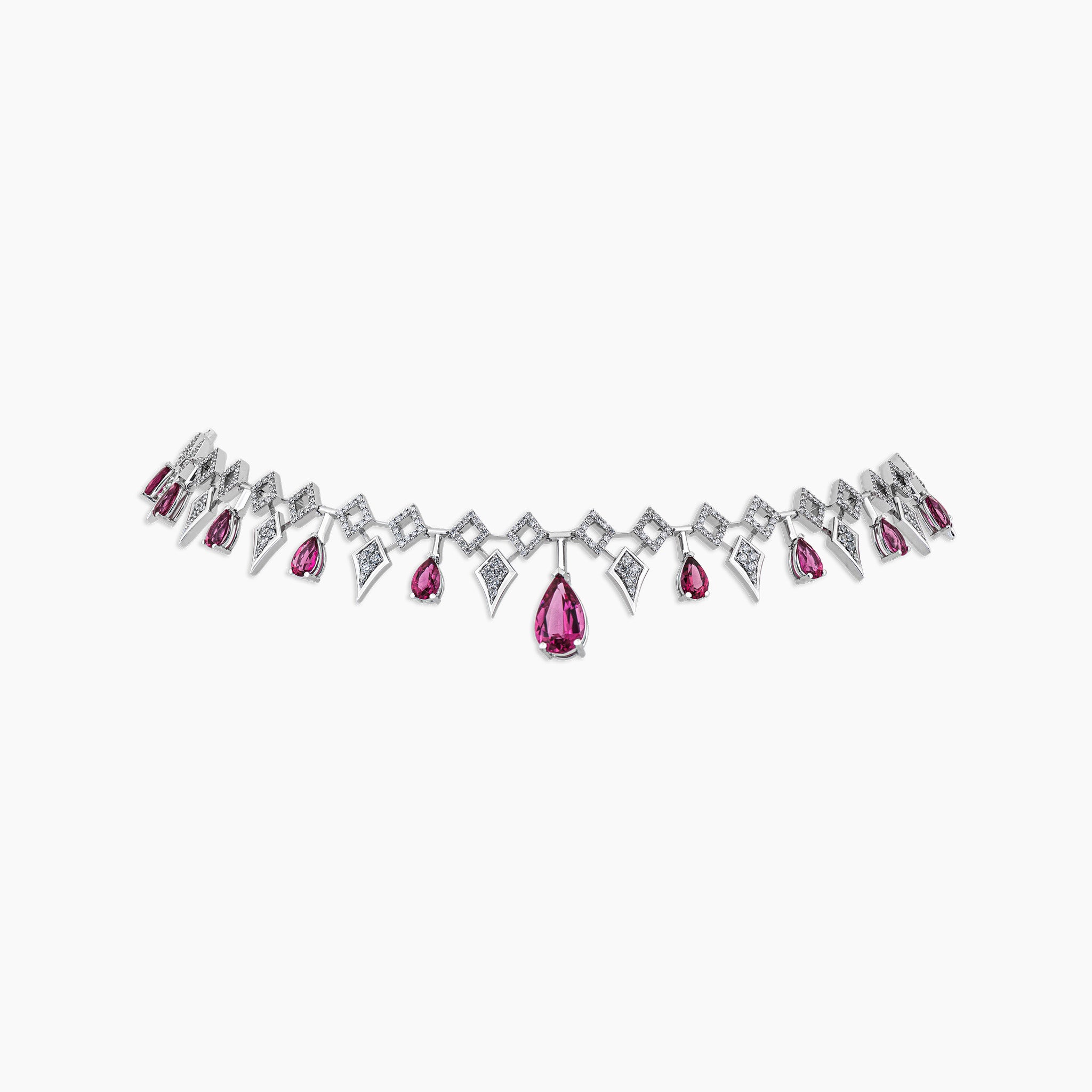 Inferno Choker: A captivating choker adorned with rubellite gemstones and diamonds set in white gold, presented against an off-white background.