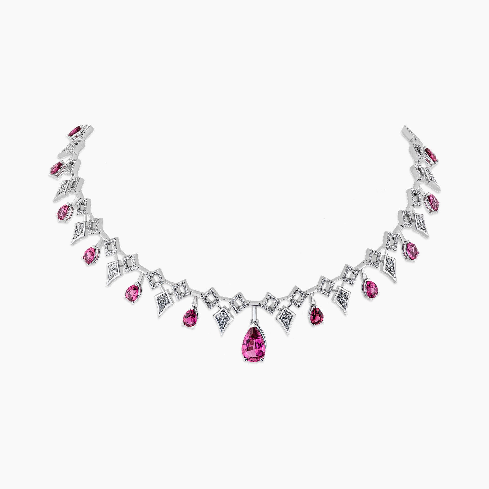 Inferno Choker: A captivating choker adorned with rubellite gemstones and diamonds set in white gold, presented against an off-white background.