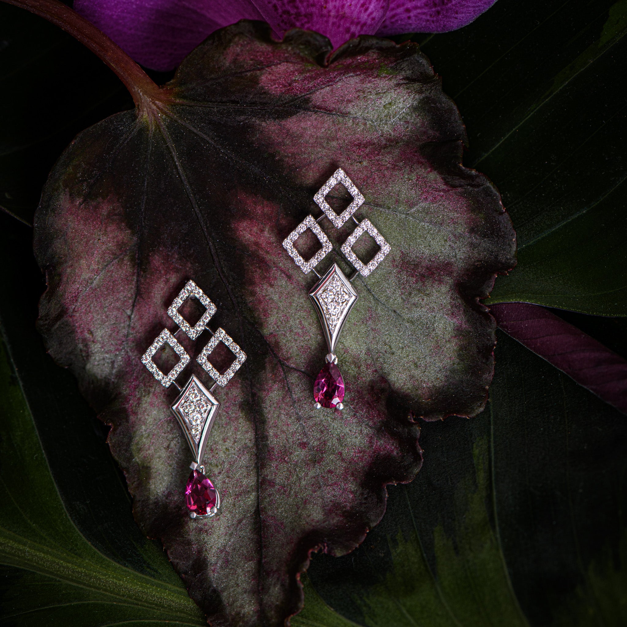 Diamond drop earrings with two stunning rubellite pears, fine jewellery displayed on plants. 