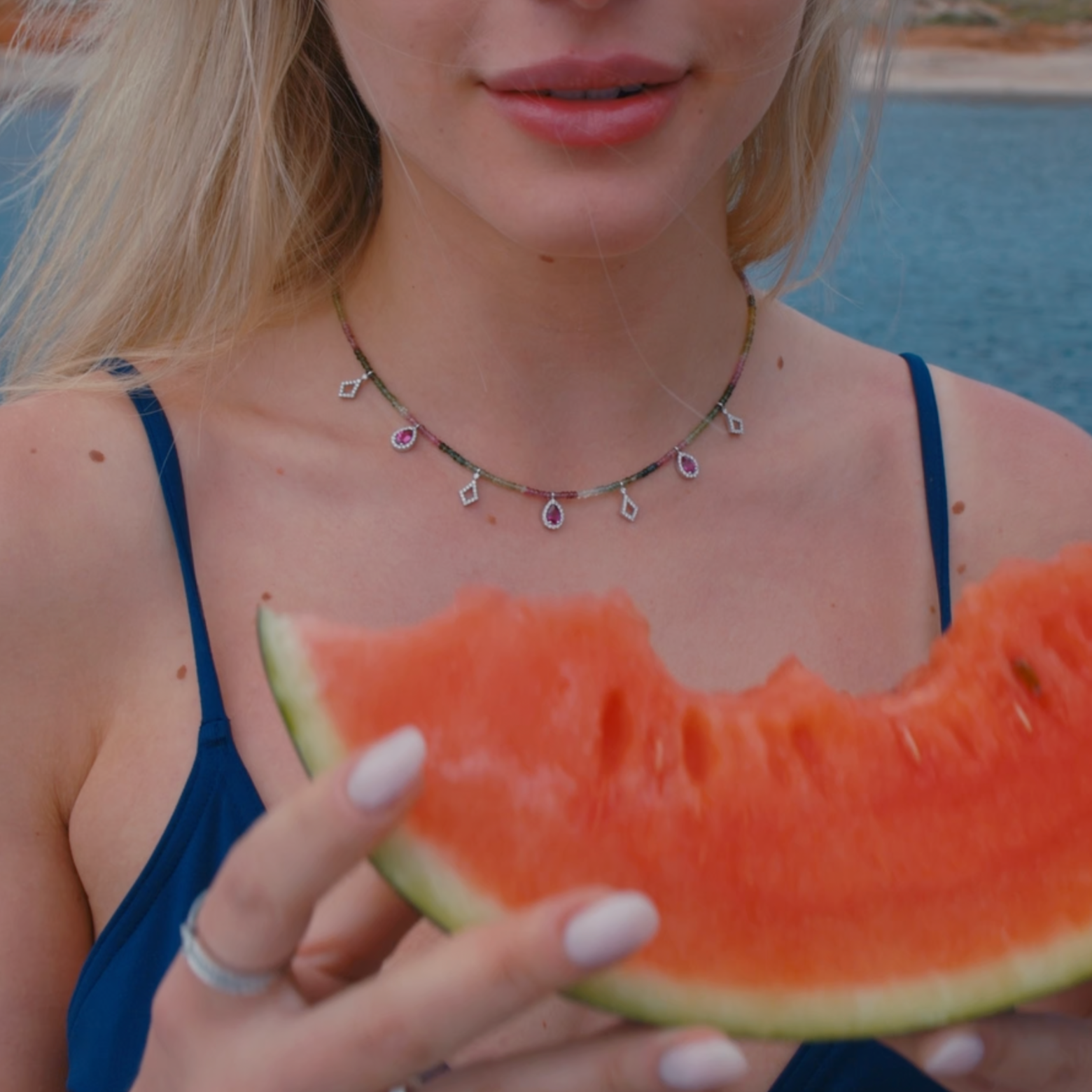 Watermelon Party Tourmaline & Diamond Beaded Necklace
