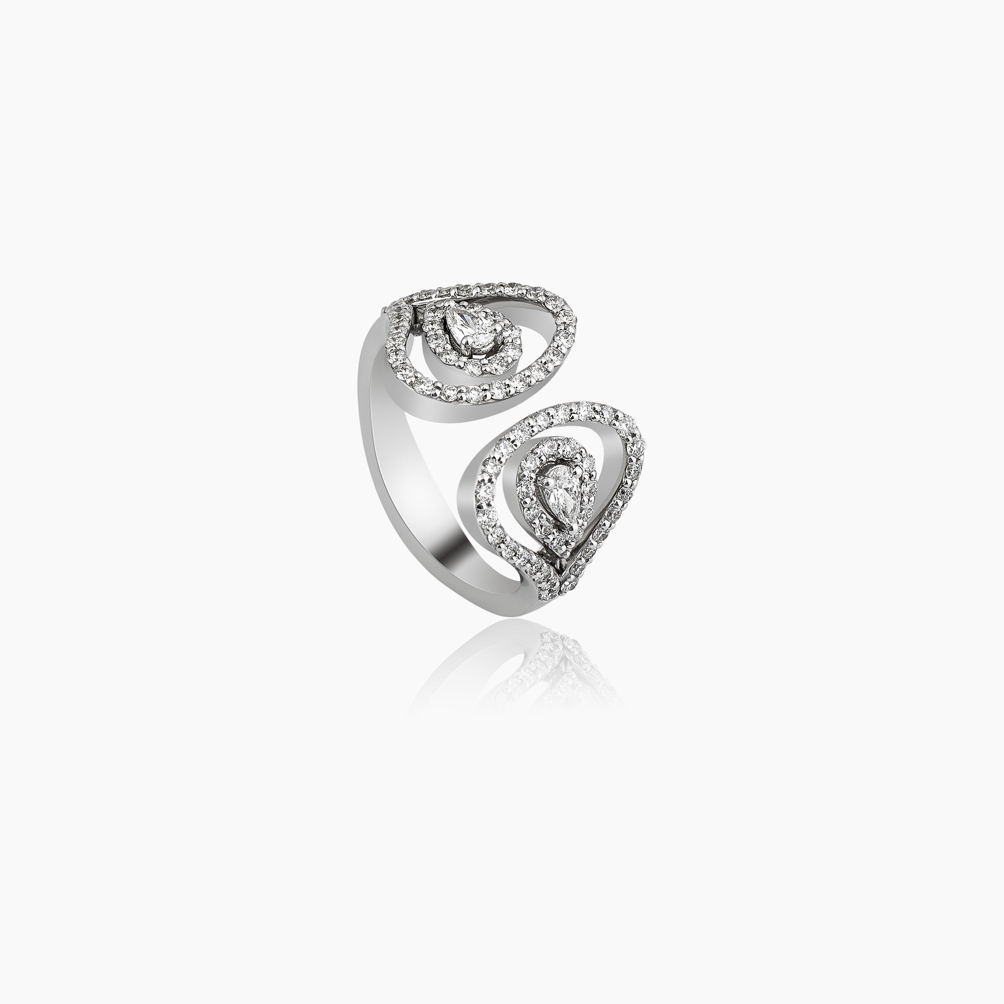 Double Venus Ring: Crafted in white gold with dazzling diamonds, presented against an off-white background.