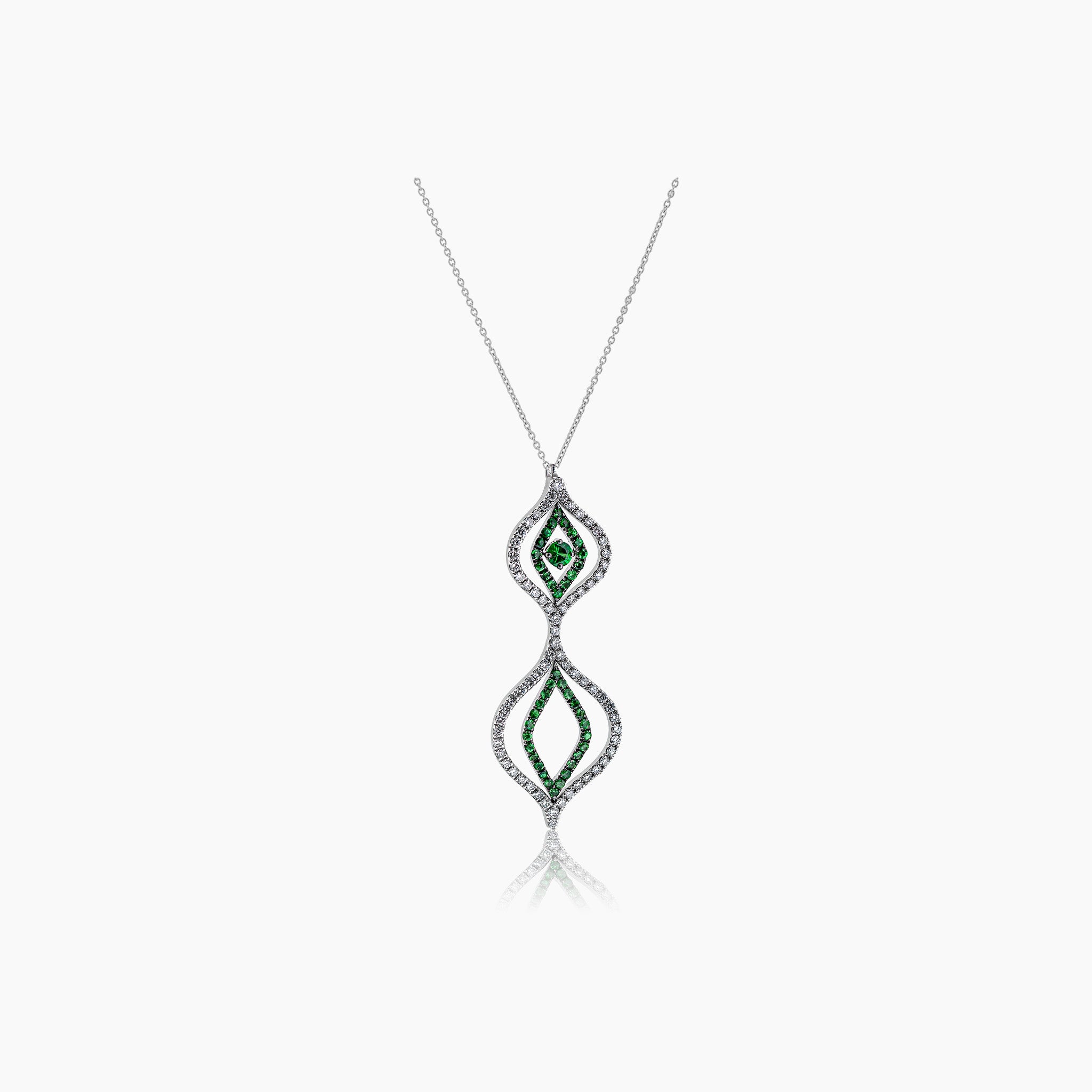 An elegant pendant featuring organic forms and curves, displayed against an off-white background.