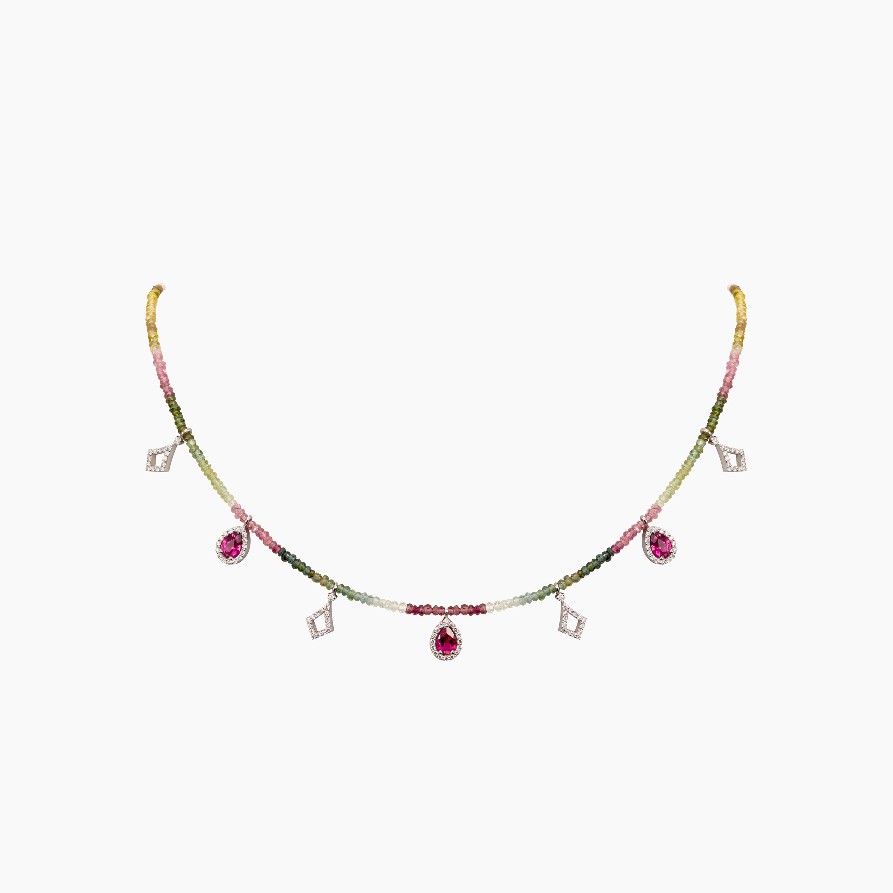 Necklace with Tourmaline Beads, Rubellite & White Diamonds displayed against an off white background 
